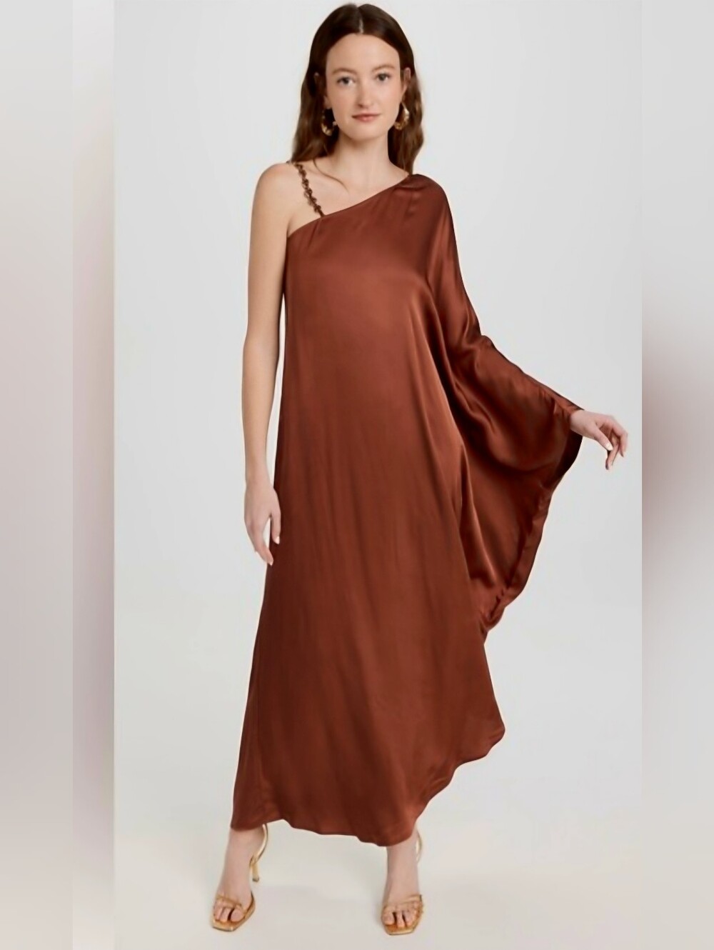 L'AGENCE One-Shoulder Satin Maxi Dress in Bronz Large